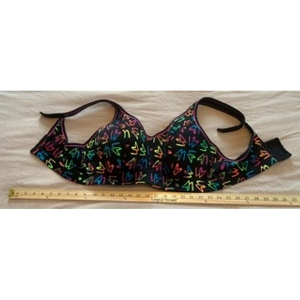 Cacique Sport High Impact Underwire Bra 42DD Black Neon Geometric Heart Print